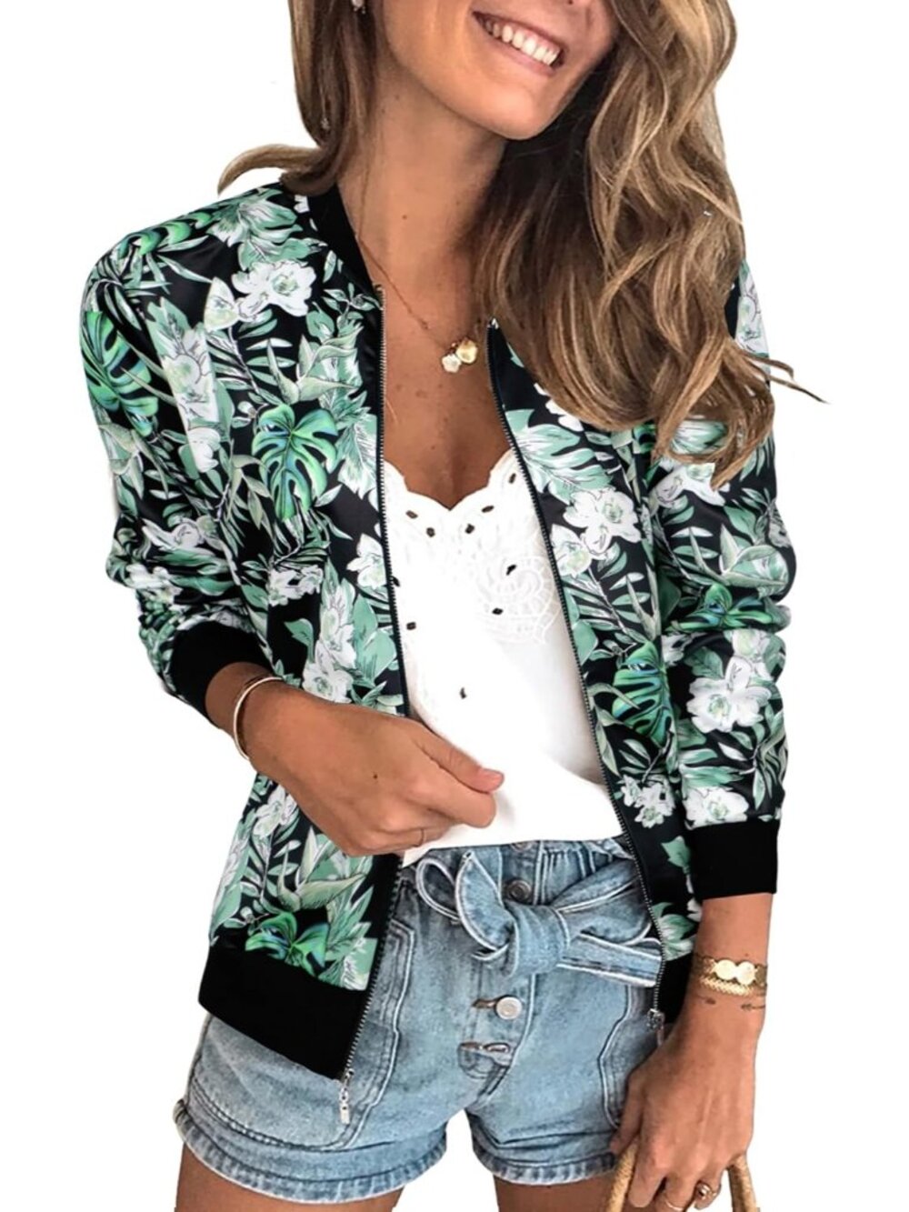 Women's Green Tropical Floral Front Zip Closure Lining Quilted Bomber Jacket